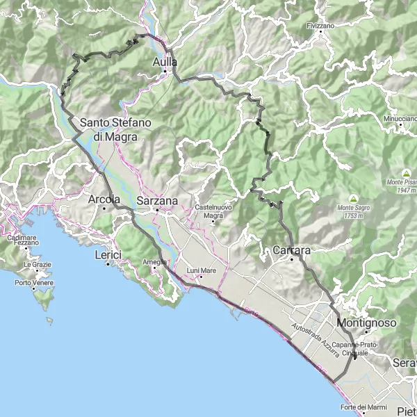 Miniatua del mapa de inspiración ciclista "Ruta de ciclismo de 107 km en carretera cerca de Capanne-Prato-Cinquale" en Toscana, Italy. Generado por Tarmacs.app planificador de rutas ciclistas