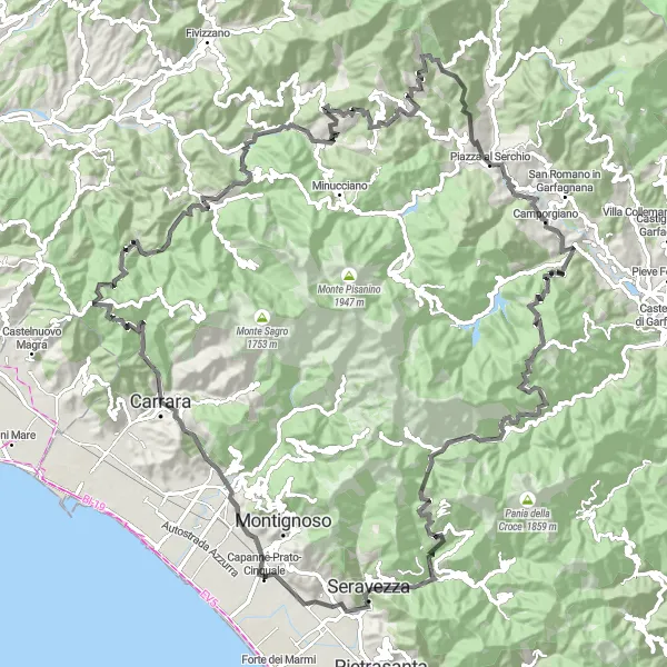 Map miniature of "Scenic Coastlines and Historic Villages" cycling inspiration in Toscana, Italy. Generated by Tarmacs.app cycling route planner