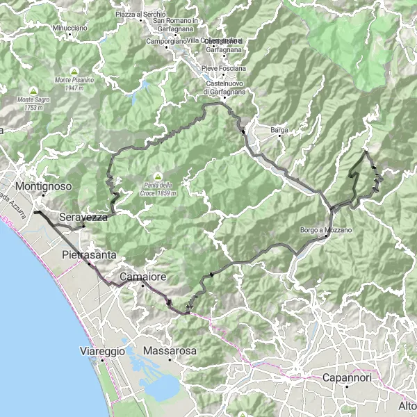 Miniatua del mapa de inspiración ciclista "Ruta escénica a través de la campiña toscana" en Toscana, Italy. Generado por Tarmacs.app planificador de rutas ciclistas