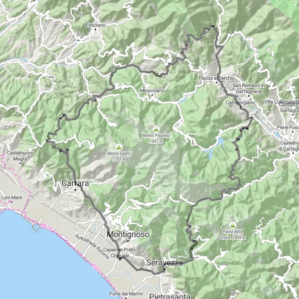 Map miniature of "The Alpside Adventure" cycling inspiration in Toscana, Italy. Generated by Tarmacs.app cycling route planner