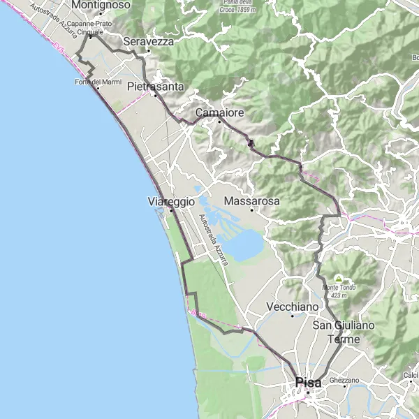 Zemljevid v pomanjšavi "100 km cestno kolesarjenje iz Capanne-Prato-Cinquale" kolesarske inspiracije v Toscana, Italy. Generirano z načrtovalcem kolesarskih poti Tarmacs.app