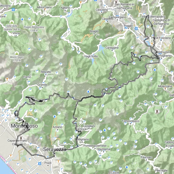 Mapa miniatúra "Epic Road Cycling near Capanne-Prato-Cinquale" cyklistická inšpirácia v Toscana, Italy. Vygenerované cyklistickým plánovačom trás Tarmacs.app