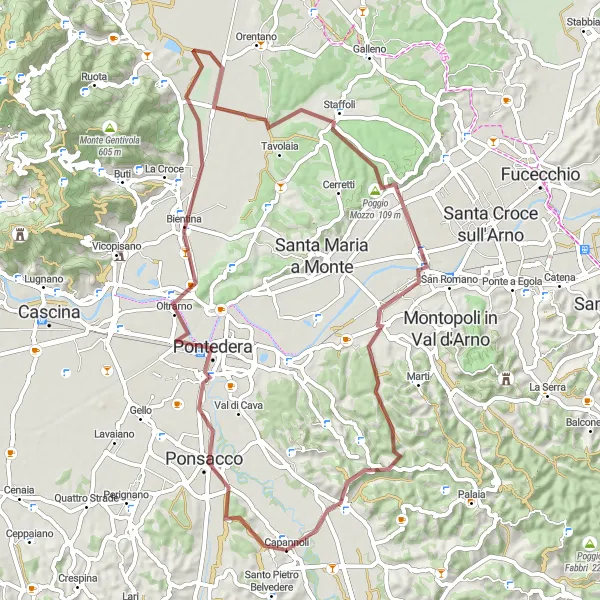 Miniatua del mapa de inspiración ciclista "Ruta de Grava Pontedera-Poggio Mozzo" en Toscana, Italy. Generado por Tarmacs.app planificador de rutas ciclistas