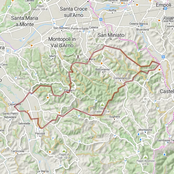 Mapa miniatúra "Pestrá cyklistická trasa od Capannoli" cyklistická inšpirácia v Toscana, Italy. Vygenerované cyklistickým plánovačom trás Tarmacs.app