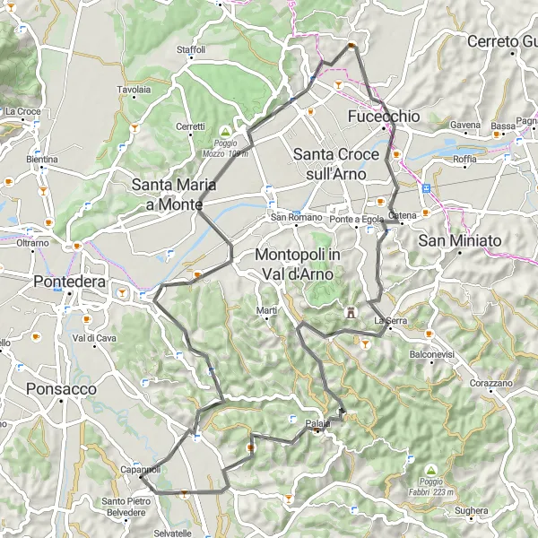 Miniature de la carte de l'inspiration cycliste "Scenic road ride through Castel del Bosco and Palaia" dans la Toscana, Italy. Générée par le planificateur d'itinéraire cycliste Tarmacs.app