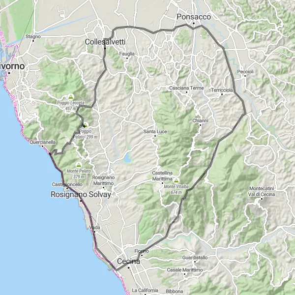 Kartminiatyr av "Landevei rute gjennom Castiglioncello og Cecina" sykkelinspirasjon i Toscana, Italy. Generert av Tarmacs.app sykkelrutoplanlegger