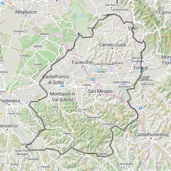 Mapa miniatúra "Cyklotrasa Capannoli - Montefoscoli" cyklistická inšpirácia v Toscana, Italy. Vygenerované cyklistickým plánovačom trás Tarmacs.app