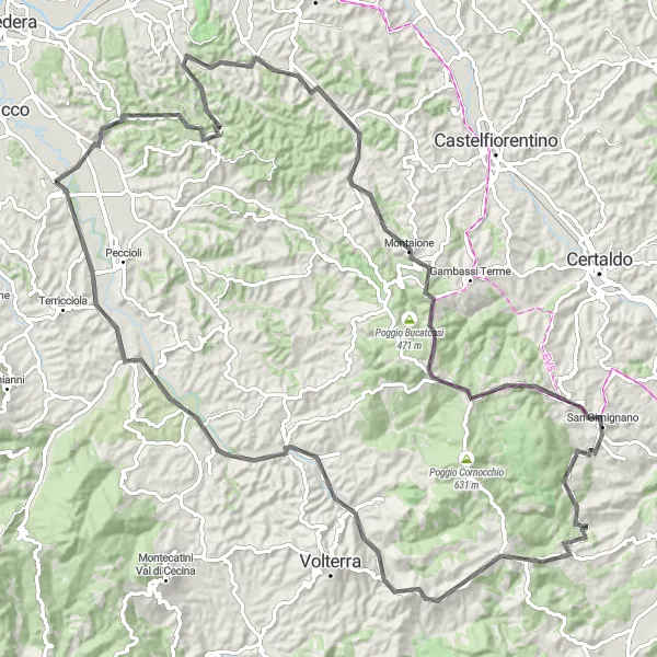 Miniatua del mapa de inspiración ciclista "Ruta Aventurera por Palaia y Montaione" en Toscana, Italy. Generado por Tarmacs.app planificador de rutas ciclistas