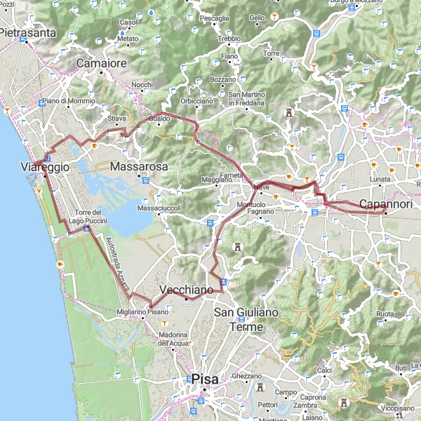 Miniatura della mappa di ispirazione al ciclismo "Avventura in mountain bike tra Lucca e Viareggio" nella regione di Toscana, Italy. Generata da Tarmacs.app, pianificatore di rotte ciclistiche