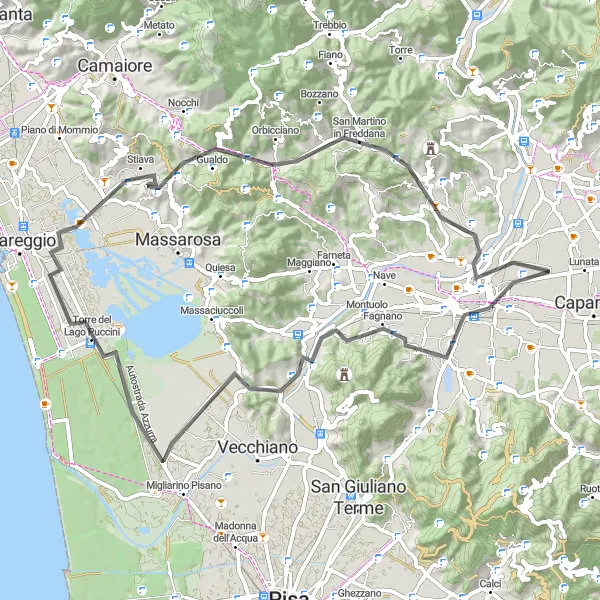 Miniature de la carte de l'inspiration cycliste "Pittoresque Lucca et ses environs" dans la Toscana, Italy. Générée par le planificateur d'itinéraire cycliste Tarmacs.app