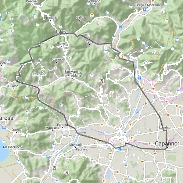 Miniatua del mapa de inspiración ciclista "Ruta de las torres y colinas toscanas" en Toscana, Italy. Generado por Tarmacs.app planificador de rutas ciclistas