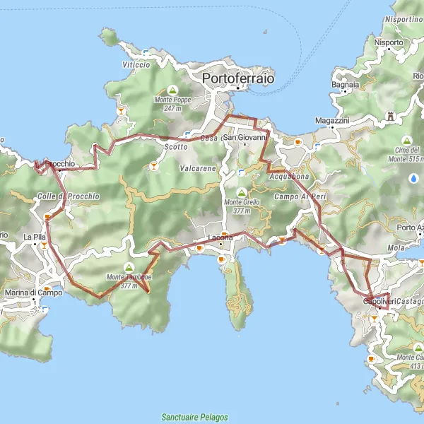 Zemljevid v pomanjšavi "Raznolikost poti okoli Capoliverija" kolesarske inspiracije v Toscana, Italy. Generirano z načrtovalcem kolesarskih poti Tarmacs.app