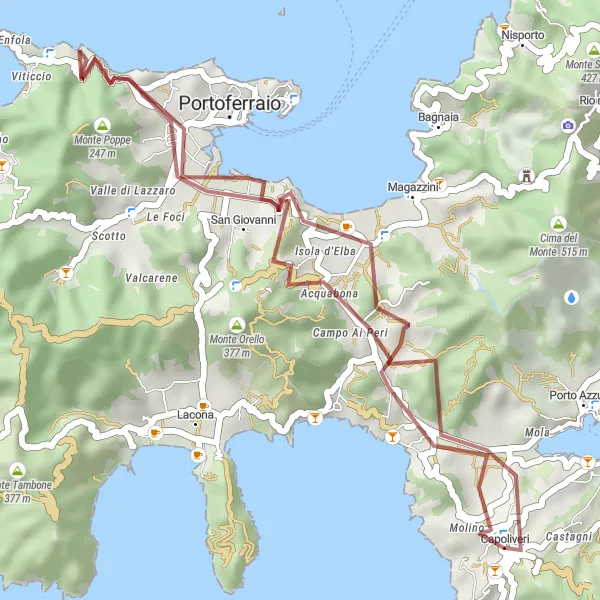 Map miniature of "Around Elba Island" cycling inspiration in Toscana, Italy. Generated by Tarmacs.app cycling route planner