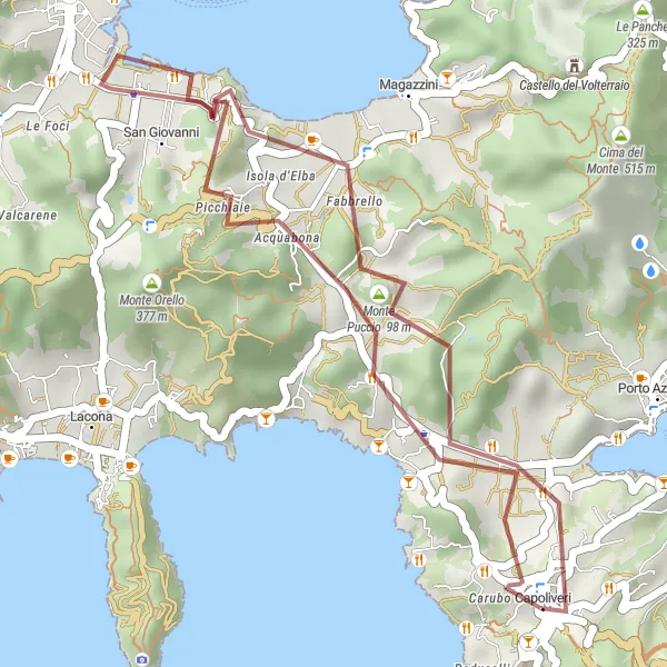 Miniaturekort af cykelinspirationen "Monte Càfferi og Monte Puccio Grusvej Cykeltur" i Toscana, Italy. Genereret af Tarmacs.app cykelruteplanlægger