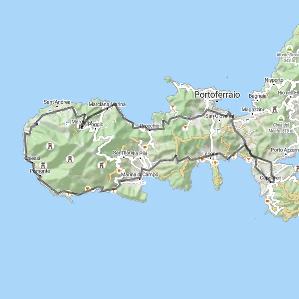 Zemljevid v pomanjšavi "Kolesarska pot okoli Capoliverija" kolesarske inspiracije v Toscana, Italy. Generirano z načrtovalcem kolesarskih poti Tarmacs.app