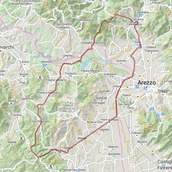 Miniatura della mappa di ispirazione al ciclismo "Gravel Tour intorno a Capolona" nella regione di Toscana, Italy. Generata da Tarmacs.app, pianificatore di rotte ciclistiche