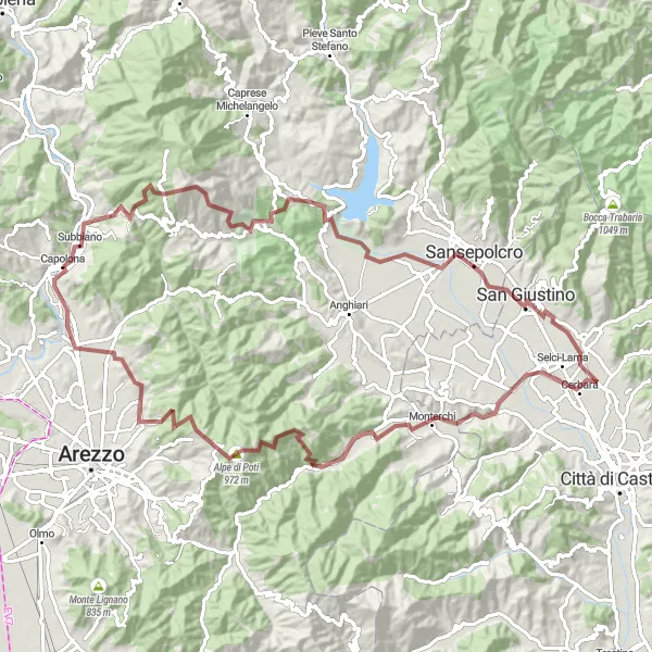 Miniatua del mapa de inspiración ciclista "Ruta de Ciclismo de Grava alrededor de Capolona" en Toscana, Italy. Generado por Tarmacs.app planificador de rutas ciclistas
