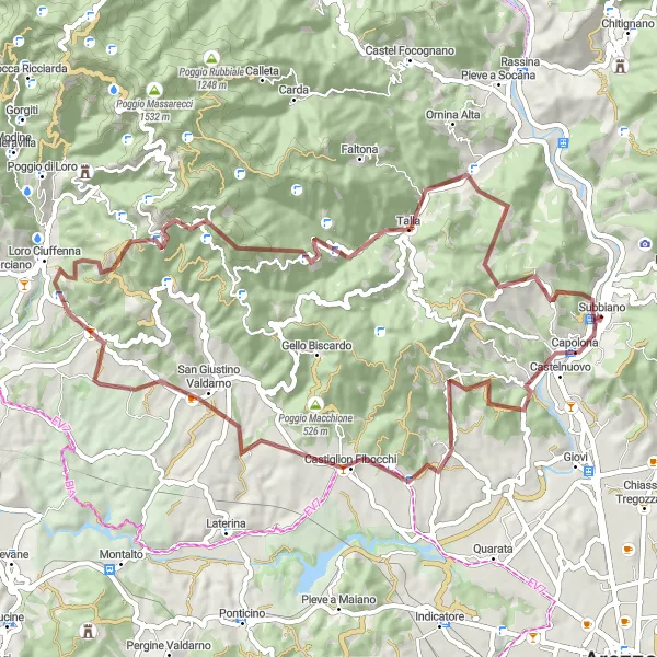 Miniatua del mapa de inspiración ciclista "Ruta de Grava por las colinas de Capolona" en Toscana, Italy. Generado por Tarmacs.app planificador de rutas ciclistas