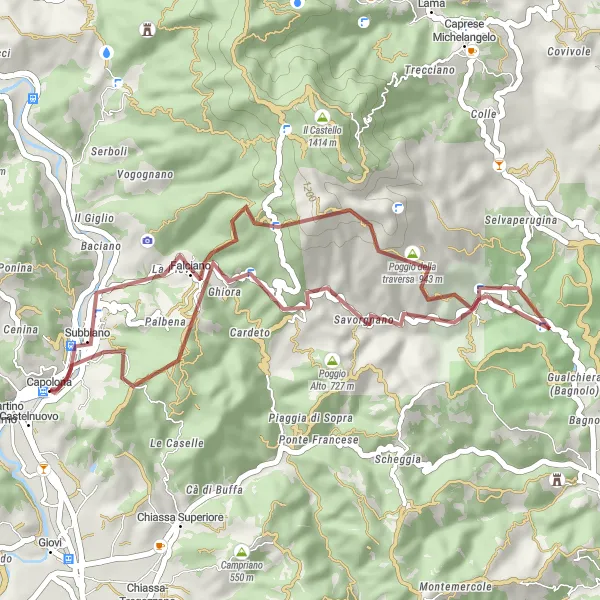 Mapa miniatúra "Offroad Odyssey around Capolona" cyklistická inšpirácia v Toscana, Italy. Vygenerované cyklistickým plánovačom trás Tarmacs.app