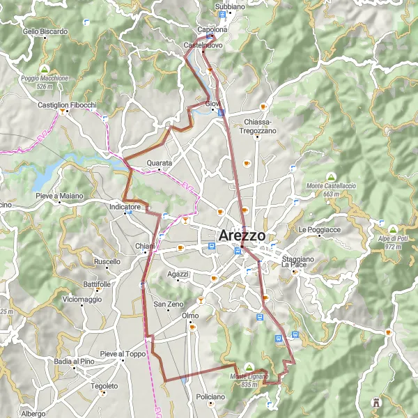 Miniatura della mappa di ispirazione al ciclismo "Colline dell'Arezzo" nella regione di Toscana, Italy. Generata da Tarmacs.app, pianificatore di rotte ciclistiche