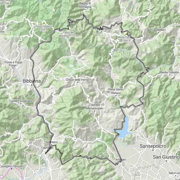 Kartminiatyr av "Capolona - Passo della Biancarda" sykkelinspirasjon i Toscana, Italy. Generert av Tarmacs.app sykkelrutoplanlegger