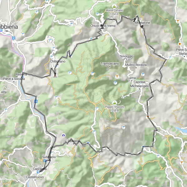 Miniaturní mapa "Silniční cyklostezka Valico dello Spino" inspirace pro cyklisty v oblasti Toscana, Italy. Vytvořeno pomocí plánovače tras Tarmacs.app