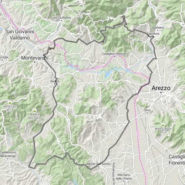 Miniatua del mapa de inspiración ciclista "Ruta en Carretera Campoluci - Capolona" en Toscana, Italy. Generado por Tarmacs.app planificador de rutas ciclistas