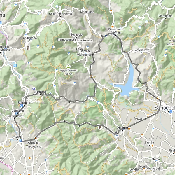 Map miniature of "A Road Cycling Journey: Capolona to Anghiari" cycling inspiration in Toscana, Italy. Generated by Tarmacs.app cycling route planner