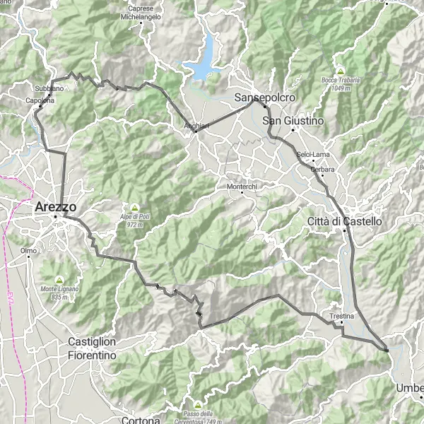 Mapa miniatúra "Horská výzva v Toskánsku" cyklistická inšpirácia v Toscana, Italy. Vygenerované cyklistickým plánovačom trás Tarmacs.app