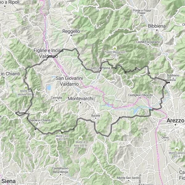 Map miniature of "The Ultimate Cycling Challenge: Capolona to Poggio Santa Lucia" cycling inspiration in Toscana, Italy. Generated by Tarmacs.app cycling route planner