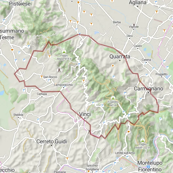 Zemljevid v pomanjšavi "Gorska kolesarska avantura v bližini Carmignana" kolesarske inspiracije v Toscana, Italy. Generirano z načrtovalcem kolesarskih poti Tarmacs.app