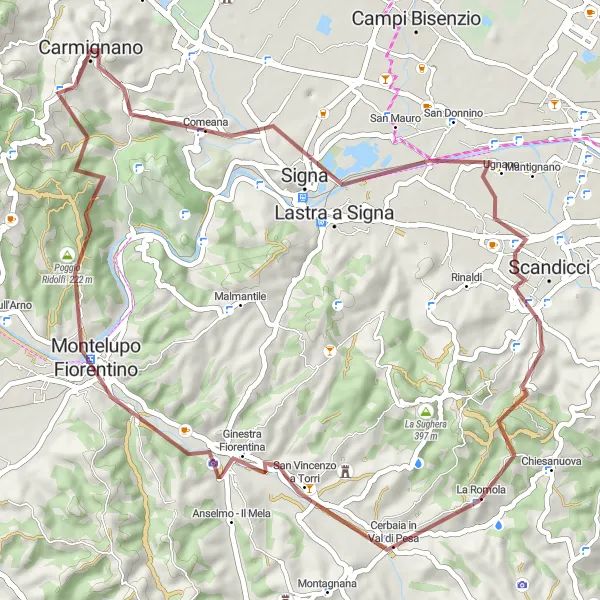 Kartminiatyr av "Utforsk grusveier: Carmignano Gravel Eventyr" sykkelinspirasjon i Toscana, Italy. Generert av Tarmacs.app sykkelrutoplanlegger