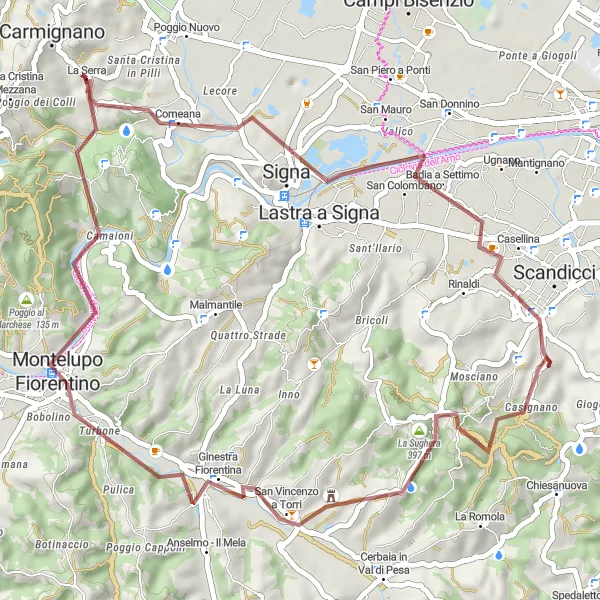 Miniatua del mapa de inspiración ciclista "Ruta de Grava de Lastra a Signa a Montelupo Fiorentino" en Toscana, Italy. Generado por Tarmacs.app planificador de rutas ciclistas