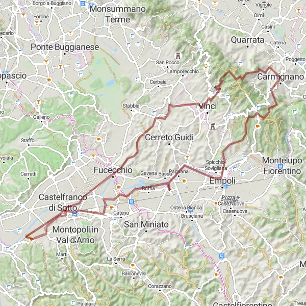 Miniatua del mapa de inspiración ciclista "Ruta de Grava de Carmignano a Vinci" en Toscana, Italy. Generado por Tarmacs.app planificador de rutas ciclistas