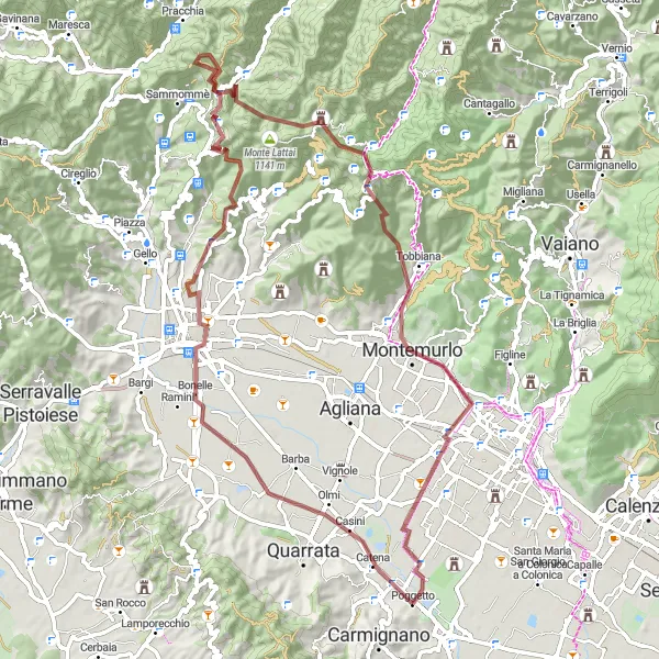 Map miniature of "Mountain Sceneries and Historic Treasures near Carmignano" cycling inspiration in Toscana, Italy. Generated by Tarmacs.app cycling route planner