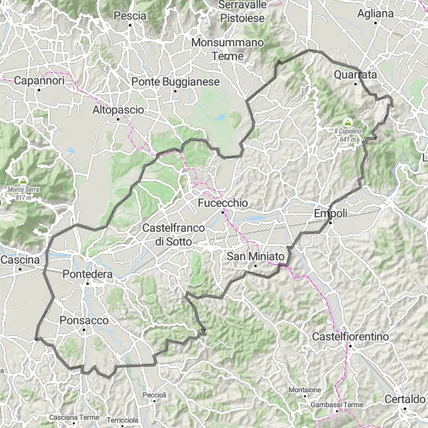 Miniaturekort af cykelinspirationen "Landevejscykelrute til og fra Carmignano" i Toscana, Italy. Genereret af Tarmacs.app cykelruteplanlægger