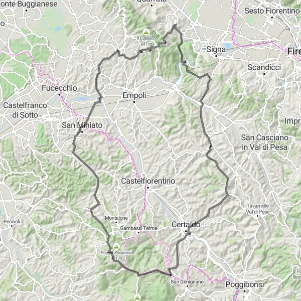 Kartminiatyr av "Kulturell Utforskning: Carmignano Road Cycling Tour" sykkelinspirasjon i Toscana, Italy. Generert av Tarmacs.app sykkelrutoplanlegger