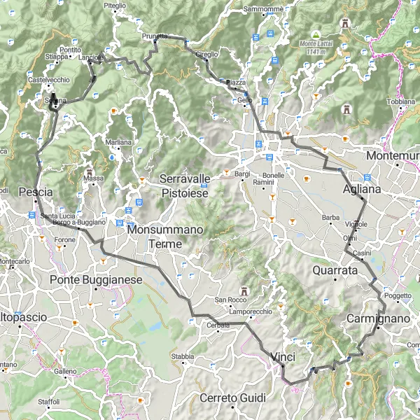 Zemljevid v pomanjšavi "Potovanje skozi čudovite toskanske pokrajine" kolesarske inspiracije v Toscana, Italy. Generirano z načrtovalcem kolesarskih poti Tarmacs.app