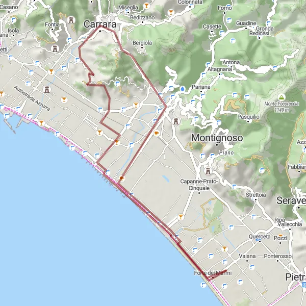 Miniaturní mapa "Gravel do Forte dei Marmi" inspirace pro cyklisty v oblasti Toscana, Italy. Vytvořeno pomocí plánovače tras Tarmacs.app