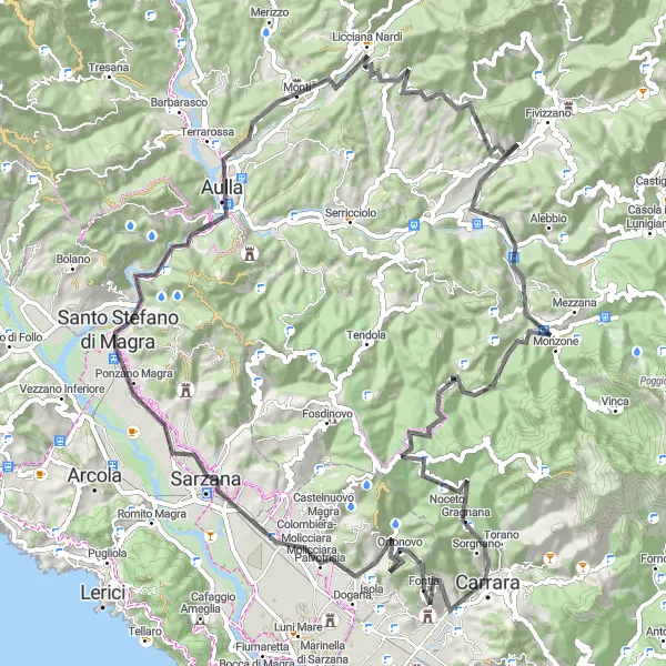Miniaturekort af cykelinspirationen "Scenic Road Cycling Near Carrara" i Toscana, Italy. Genereret af Tarmacs.app cykelruteplanlægger