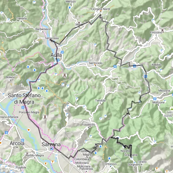Karttaminiaatyyri "Toscanan serpentiinit - Carrara ympäriajoreitti" pyöräilyinspiraatiosta alueella Toscana, Italy. Luotu Tarmacs.app pyöräilyreittisuunnittelijalla