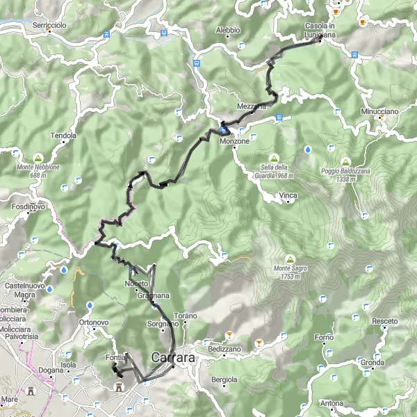 Map miniature of "Carrara and Lunigiana Adventure" cycling inspiration in Toscana, Italy. Generated by Tarmacs.app cycling route planner