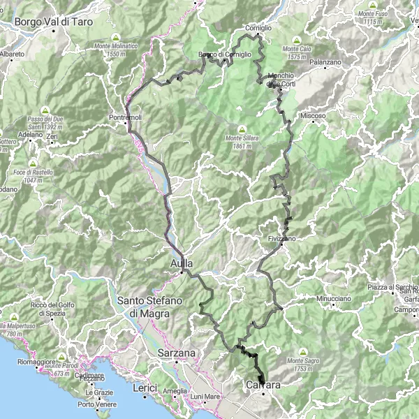 Miniature de la carte de l'inspiration cycliste "Le Tour des Châteaux et des Montagnes" dans la Toscana, Italy. Générée par le planificateur d'itinéraire cycliste Tarmacs.app