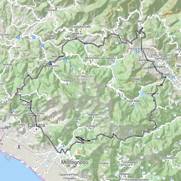 Miniature de la carte de l'inspiration cycliste "Le Défi des Montagnes et des Villages" dans la Toscana, Italy. Générée par le planificateur d'itinéraire cycliste Tarmacs.app