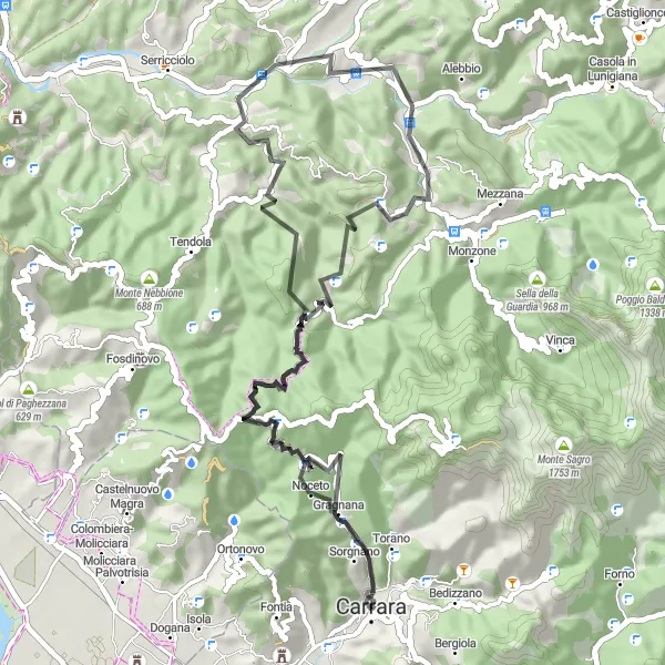 Miniatura della mappa di ispirazione al ciclismo "Giro in bicicletta a Torano e dintorni" nella regione di Toscana, Italy. Generata da Tarmacs.app, pianificatore di rotte ciclistiche