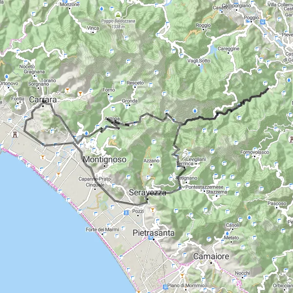 Kartminiatyr av "Runt Carrara: Kust och Berg" cykelinspiration i Toscana, Italy. Genererad av Tarmacs.app cykelruttplanerare