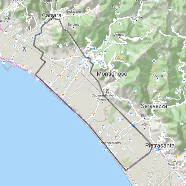 Kartminiatyr av "Carrara - Forte dei Marmi" cykelinspiration i Toscana, Italy. Genererad av Tarmacs.app cykelruttplanerare