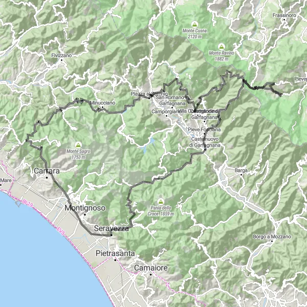 Miniaturní mapa "Okruh kolem Carrary - Toskánsko" inspirace pro cyklisty v oblasti Toscana, Italy. Vytvořeno pomocí plánovače tras Tarmacs.app