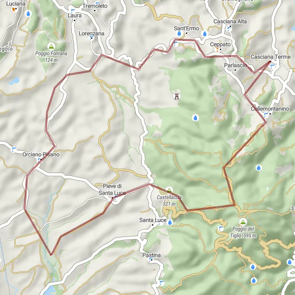 Miniatura della mappa di ispirazione al ciclismo "Esplorazione in gravel intorno a Casciana Terme" nella regione di Toscana, Italy. Generata da Tarmacs.app, pianificatore di rotte ciclistiche