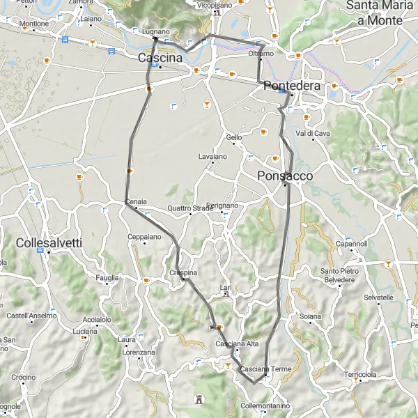 Miniatua del mapa de inspiración ciclista "Ruta de ciclismo de carretera a través de Casciana Terme" en Toscana, Italy. Generado por Tarmacs.app planificador de rutas ciclistas